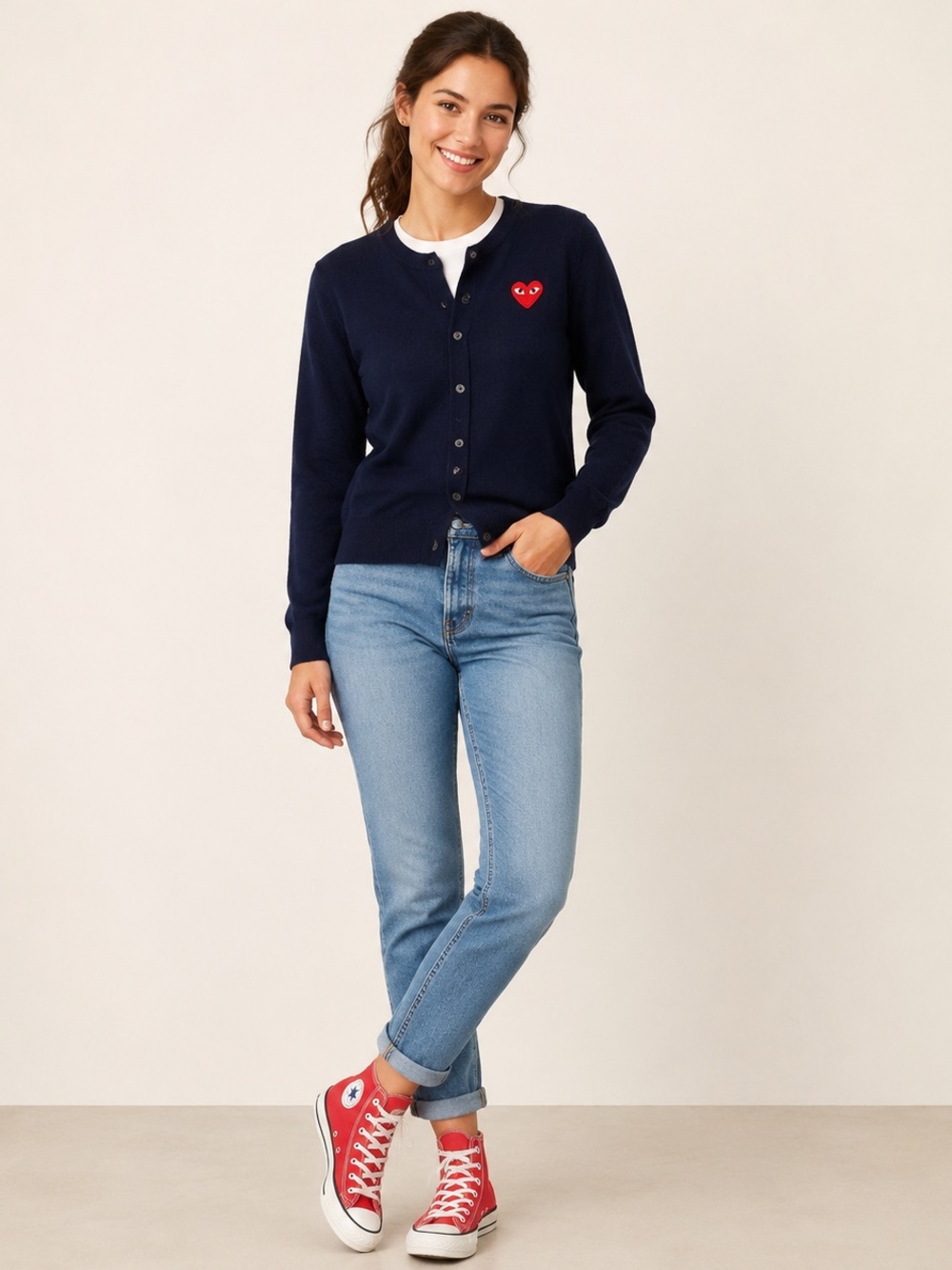 Navy Crewneck Button Cardigan Comme des Garçons PLAY